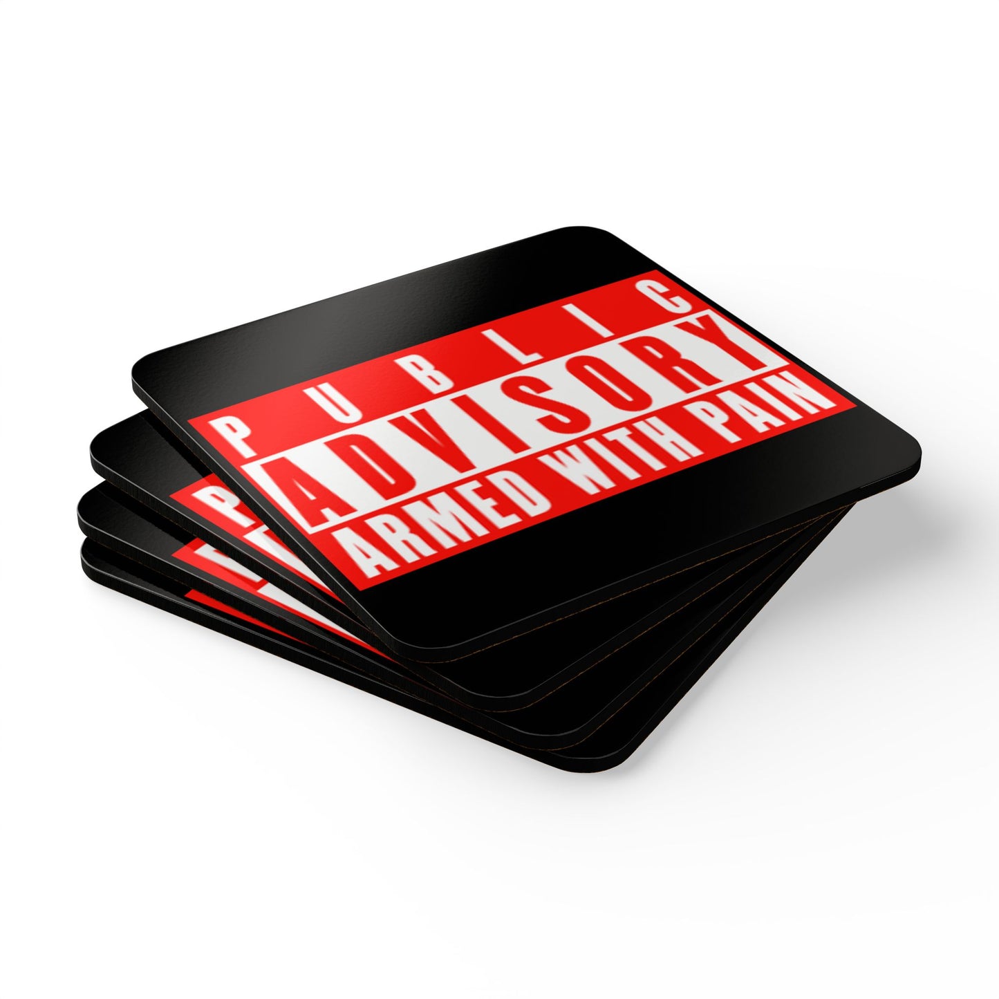 Armed With Pain “Public Advisory” Corkwood Coaster Set