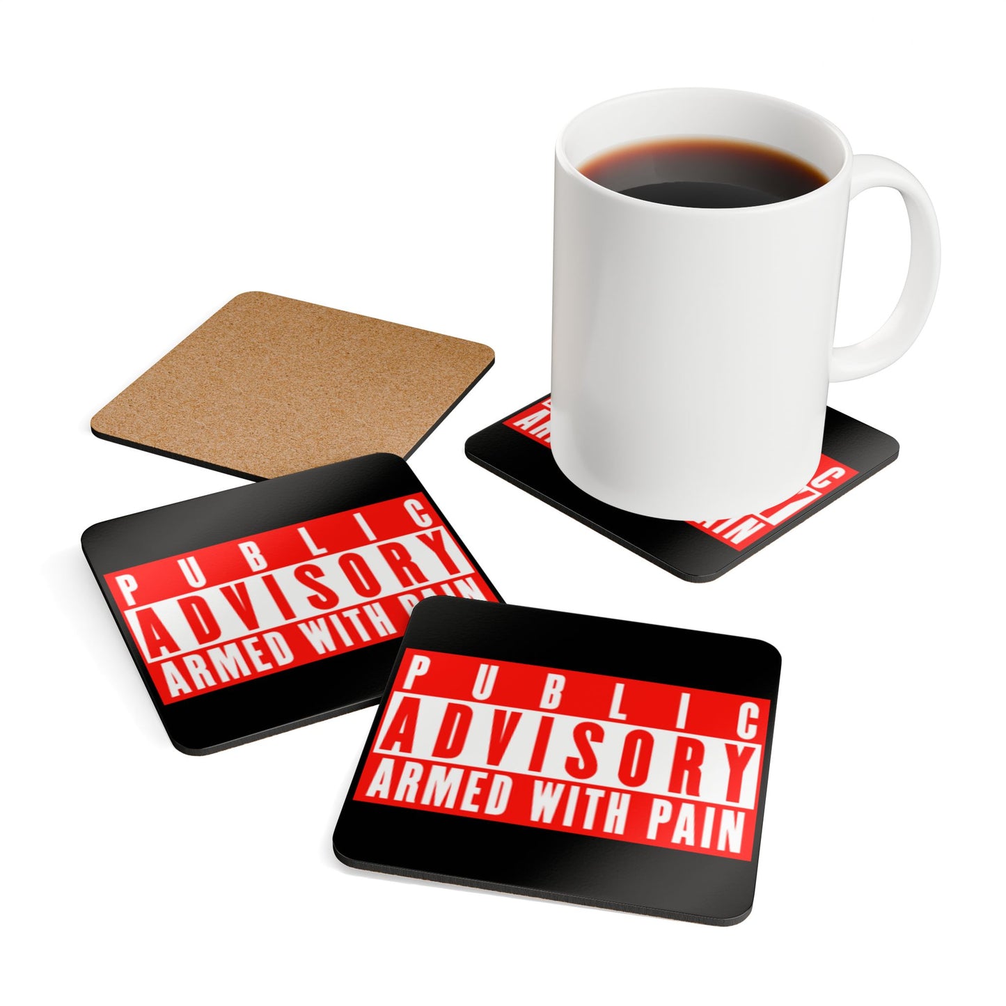 Armed With Pain “Public Advisory” Corkwood Coaster Set